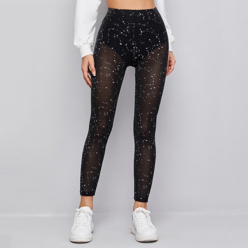 

Elastic Waist Galaxy Pattern Sheer Mesh Leggings, Black