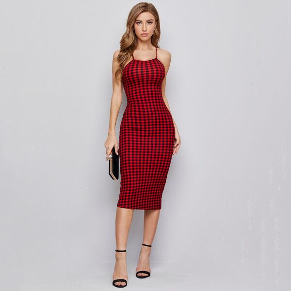 

Lace Up Backless Gingham Bodycon Dress, Multicolor