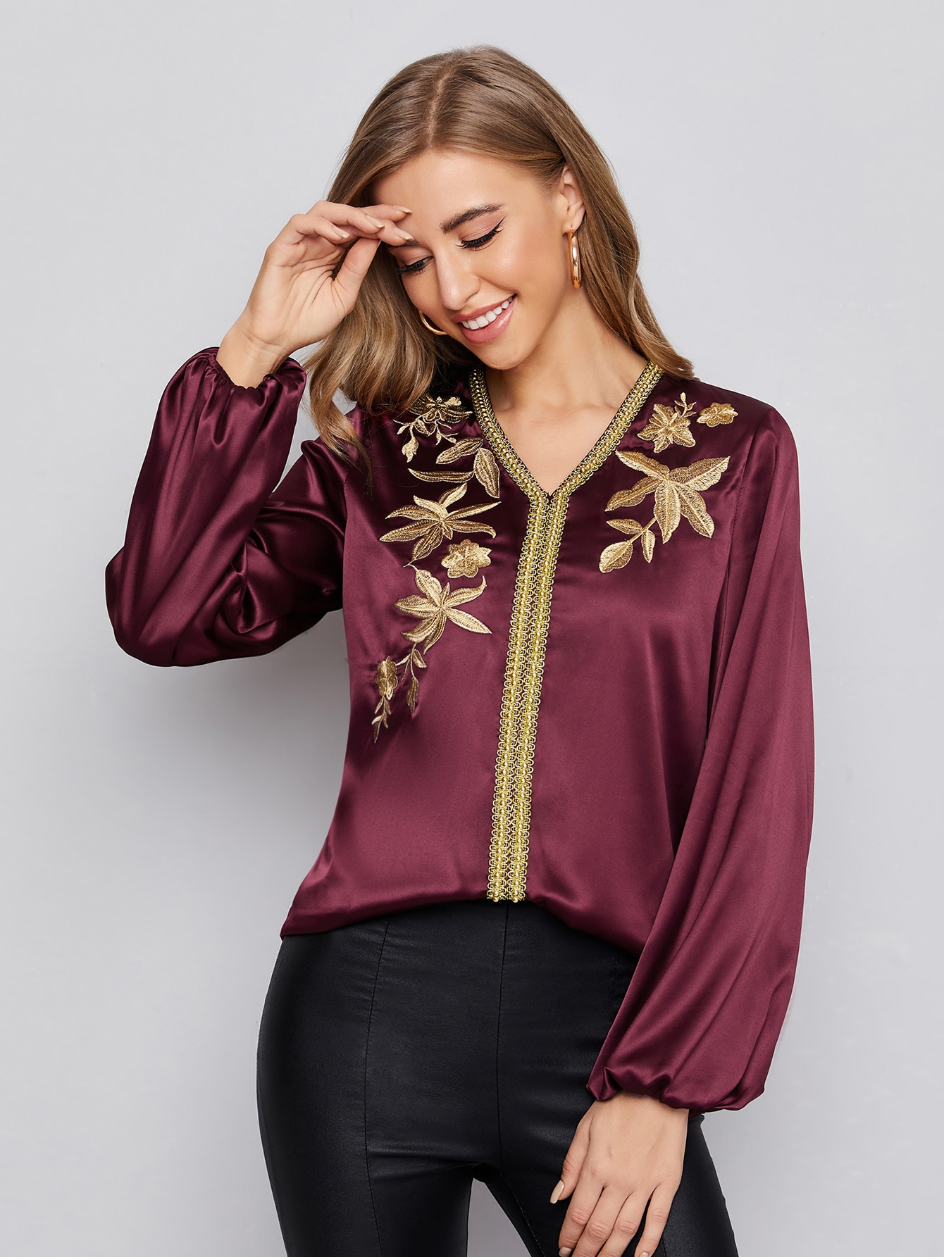 V-neck Embroidery Botanical Tape Detail Top thumbnail