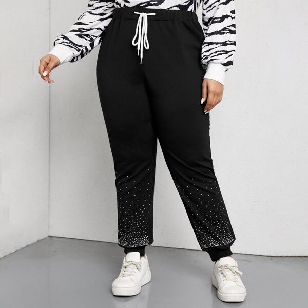 

Plus Polka Dot Drawstring Waist Sweatpants, Black