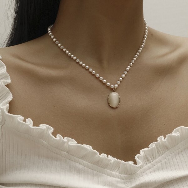 

Geo Charm Faux Pearl Beaded Necklace, White