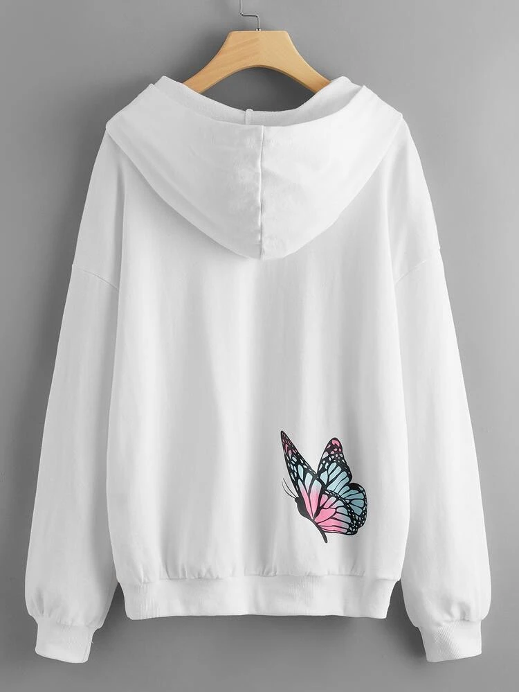 Letter and Butterfly Print Pocket Front Hoodie