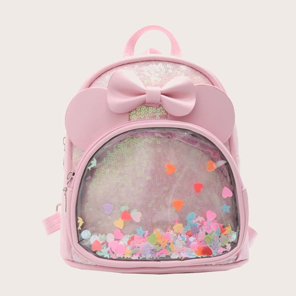 

Girls Bow Decor Sequins Design Backpack, Baby pink