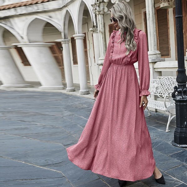 

All Over Print Ruffle Trim A-line Dress, Pink