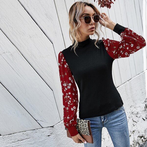 

Mock Neck Floral Print Sleeve Tee, Black