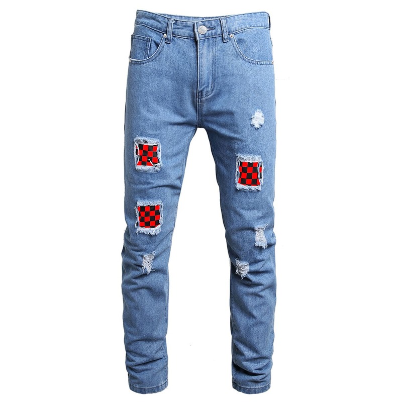 

Guys Plaid Ripped Jeans, Light wash