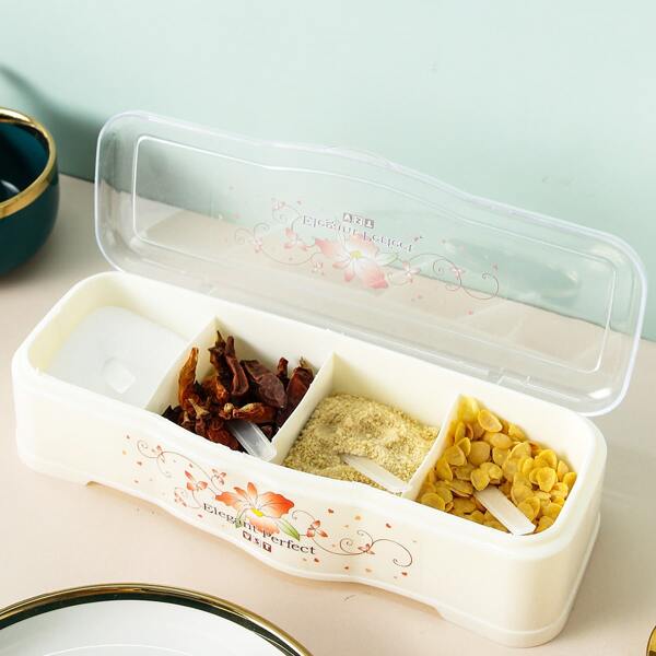 

1pc 4 Grid Seasoning Box With 4pcs Spoon, Beige