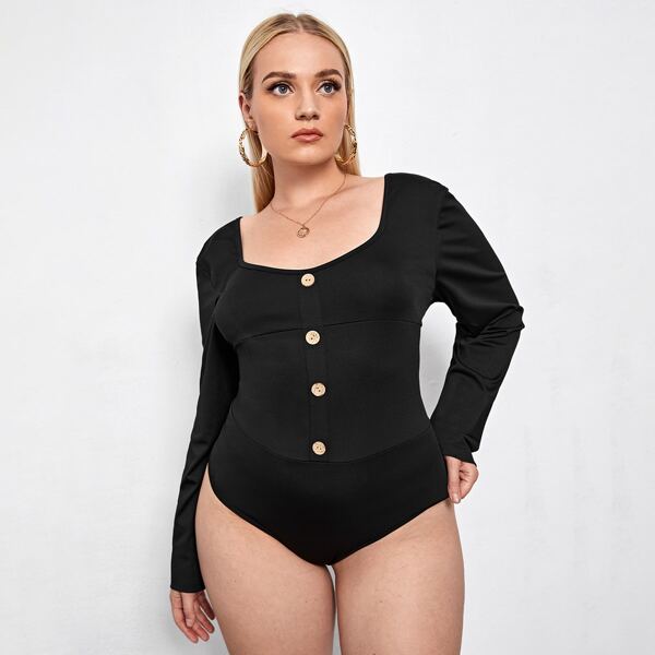 

Plus Scoop Neck Backless Button Front Bodysuit, Black