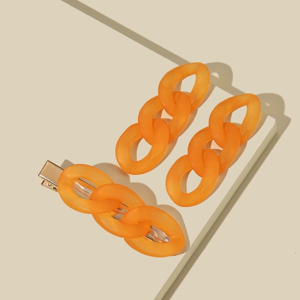 

1pair Chain Link Earrings & 1pc Hair Clip, Orange