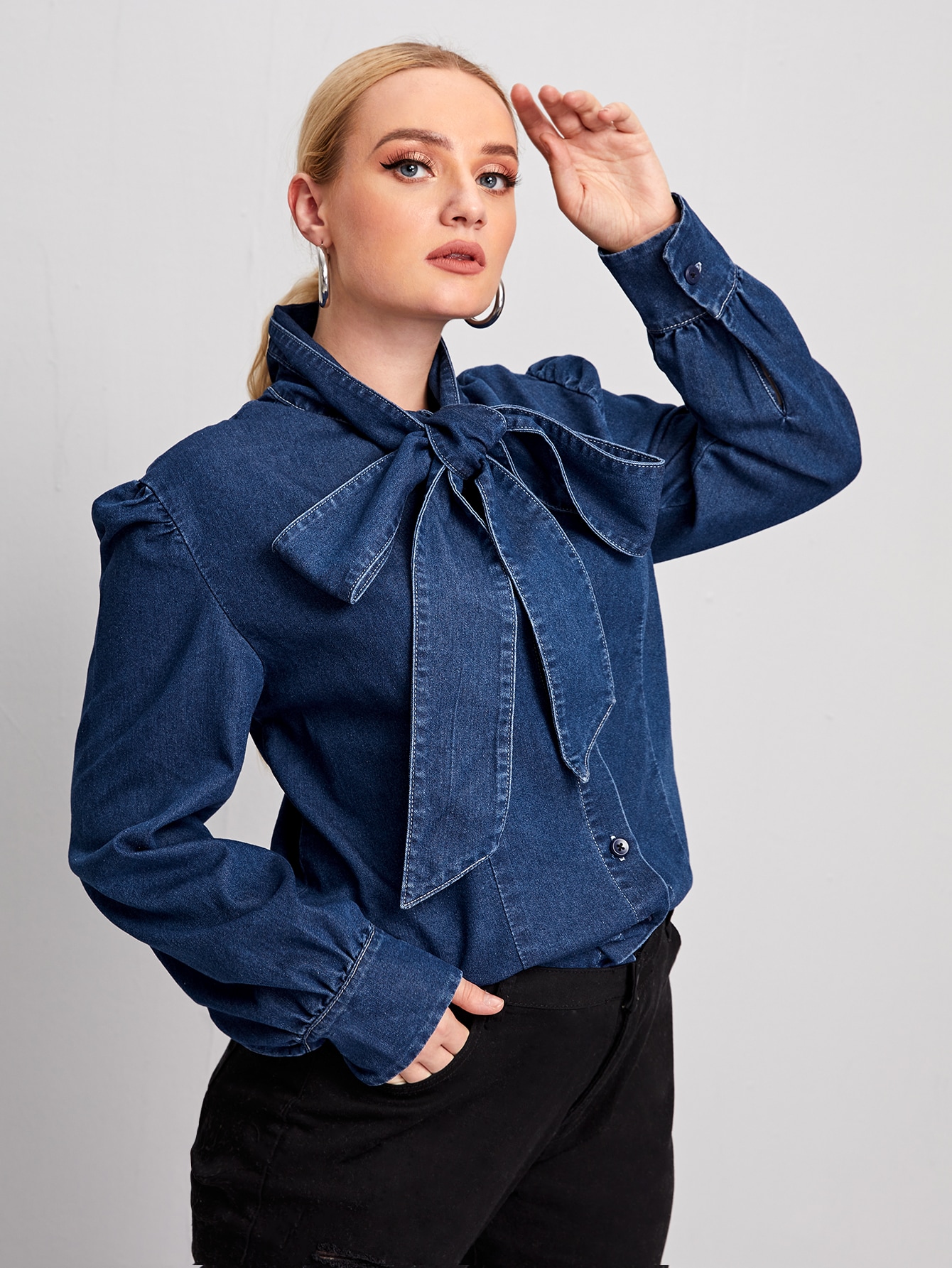 Plus Tie Neck Puff Sleeve Denim Blouse thumbnail