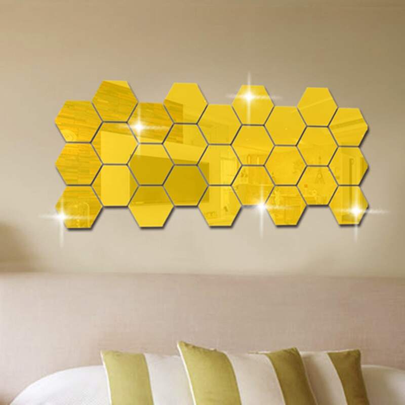 

12pcs Hexagon Mirror Surface Wall Sticker, Gold