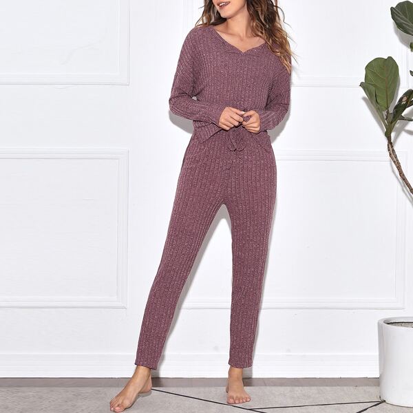

Drop Shoulder Ribbed Lounge Set, Mauve purple