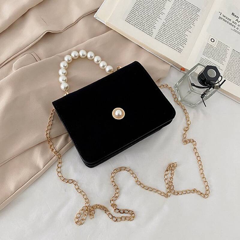 

Faux Pearl Handle Flap Satchel Bag, Black