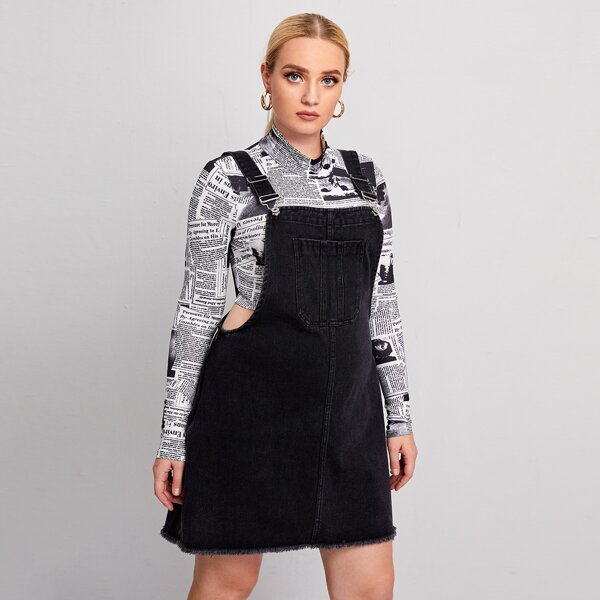 

Plus Pocket Detail Raw Hem Overall Dress, Black