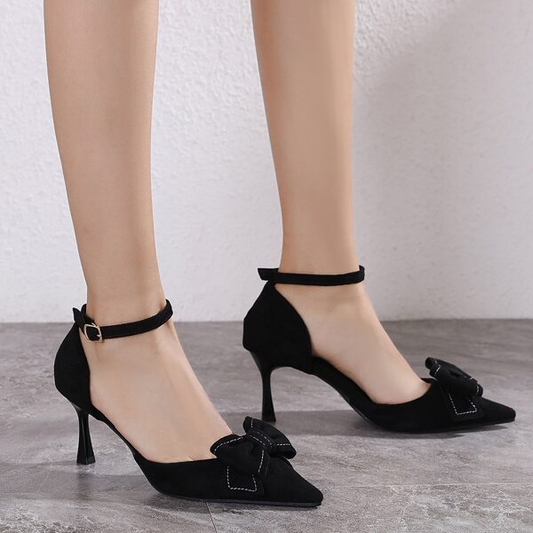 

Bow Decor Suede Mid Heeled Ankle Strap Pumps, Black