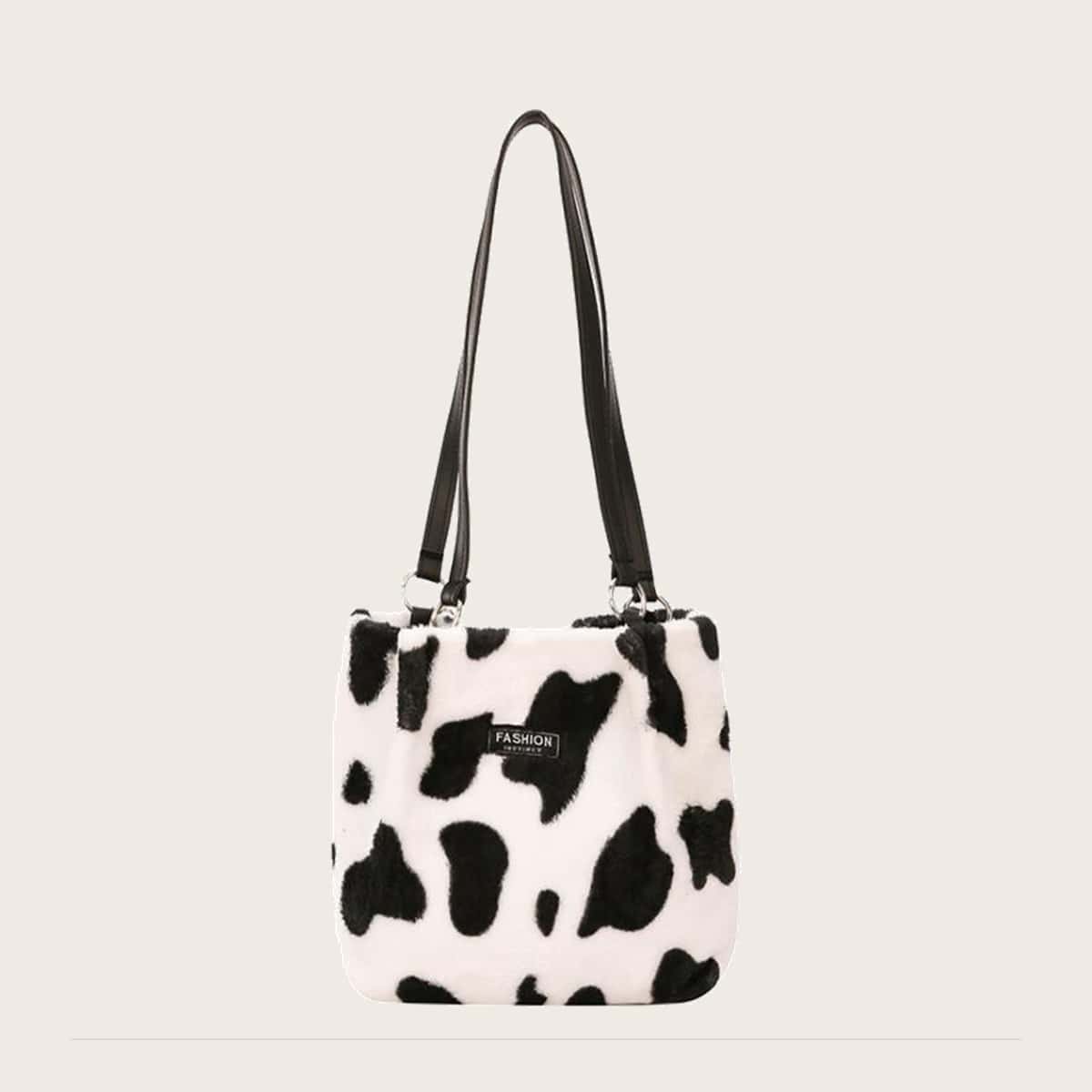

Cow Print Fluffy Tote Bag, Black and white