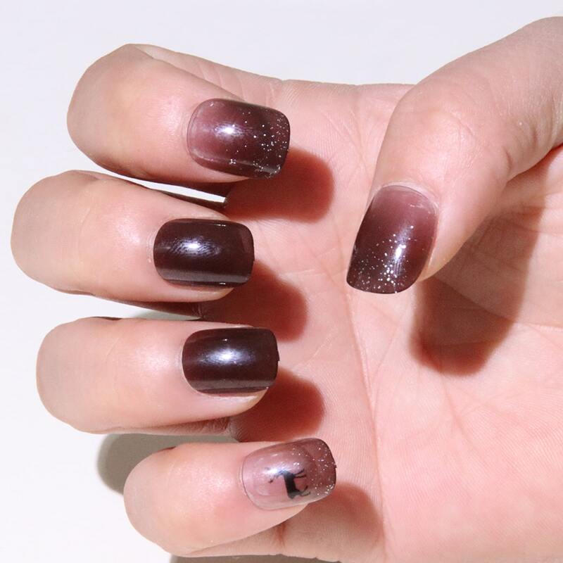 

24pcs Glitter Fake Nail & 1sheet Tape, Coffee brown