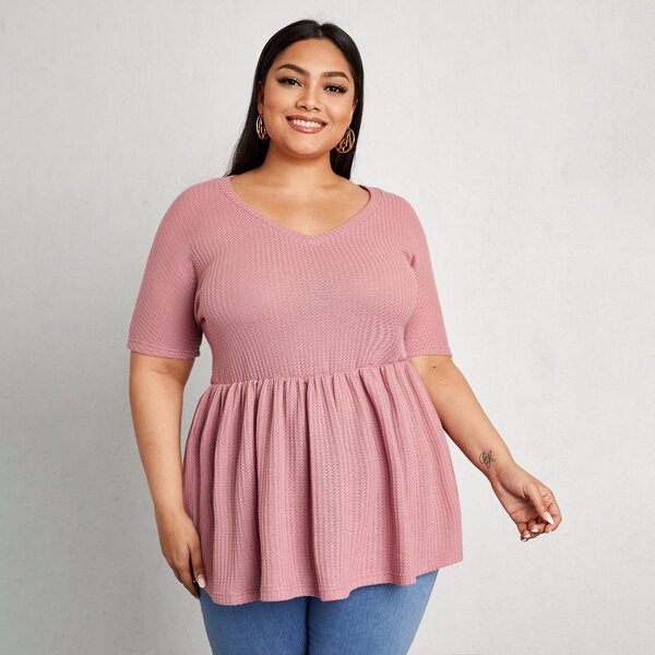 

Plus Waffle Knit Ruffle Hem Tee, Dusty pink