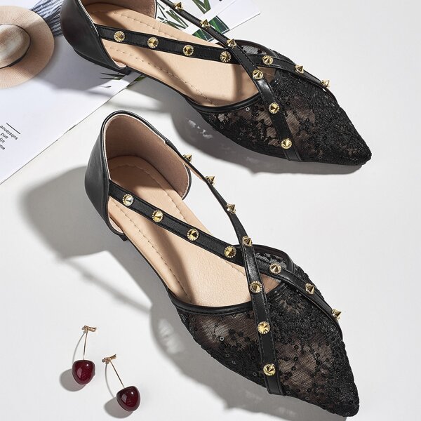 

Spiked Decor Lace Floral Flats, Black