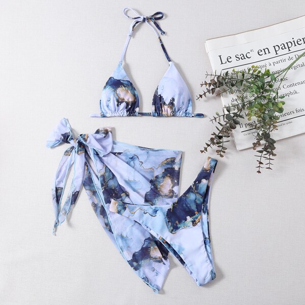 

3pack Marble Print Bikini Swimsuit & Beach Skirt, Multicolor