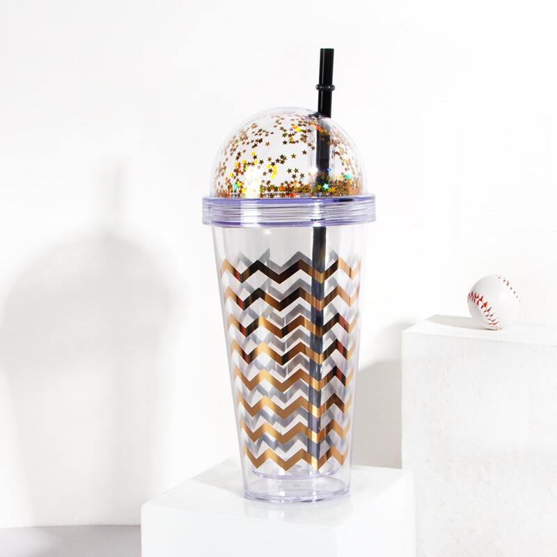 1pc Chevron Pattern Straw Cup, Gold