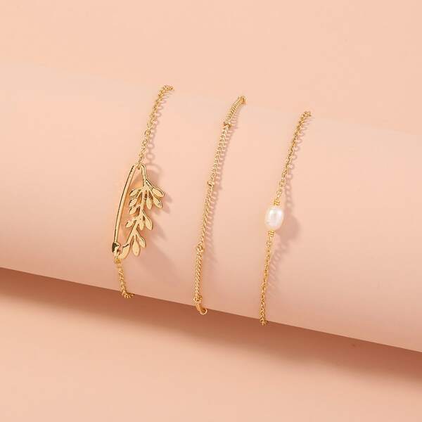

3pcs Faux Pearl Decor Bracelet, Gold
