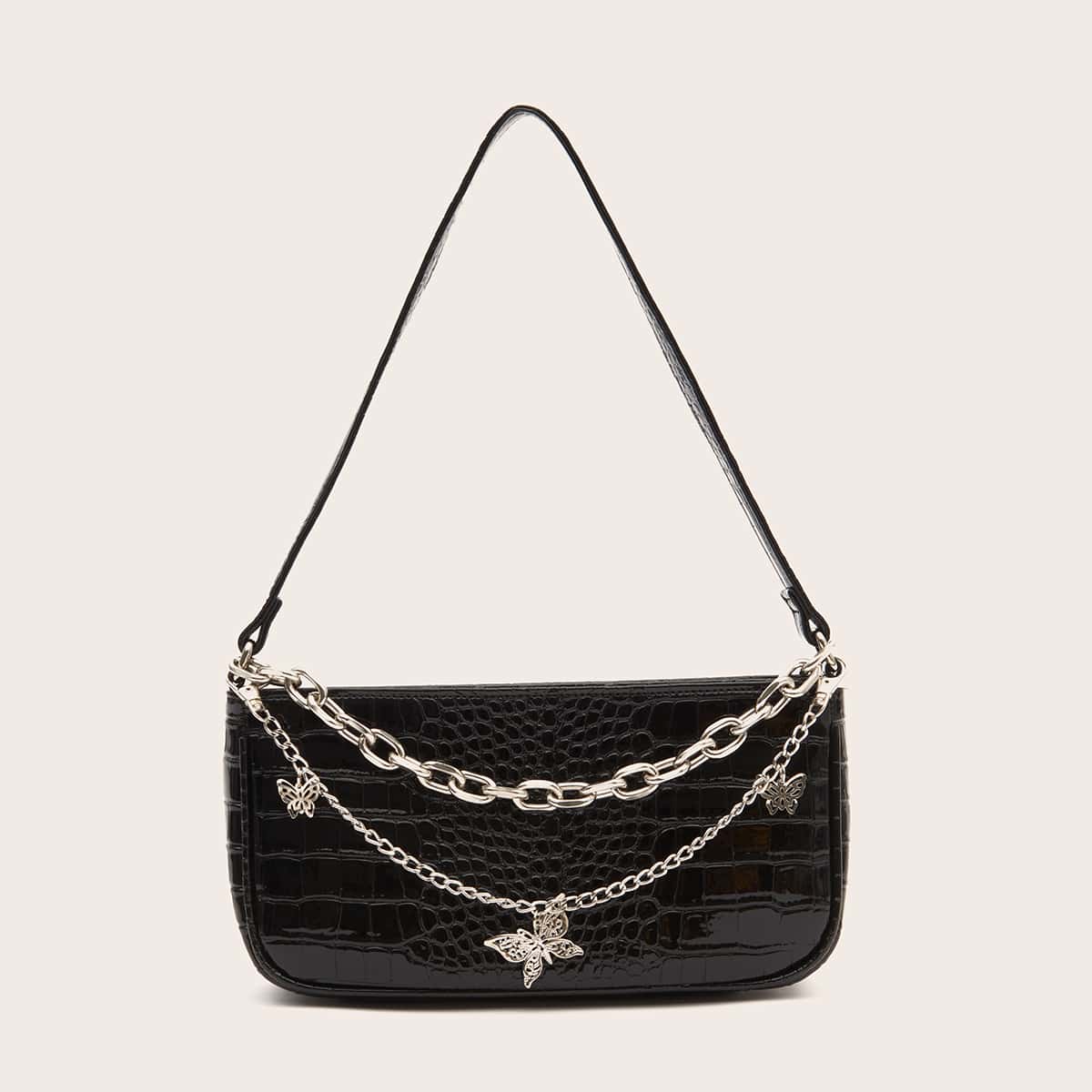 

Butterfly & Chain Decor Baguette Bag, Black