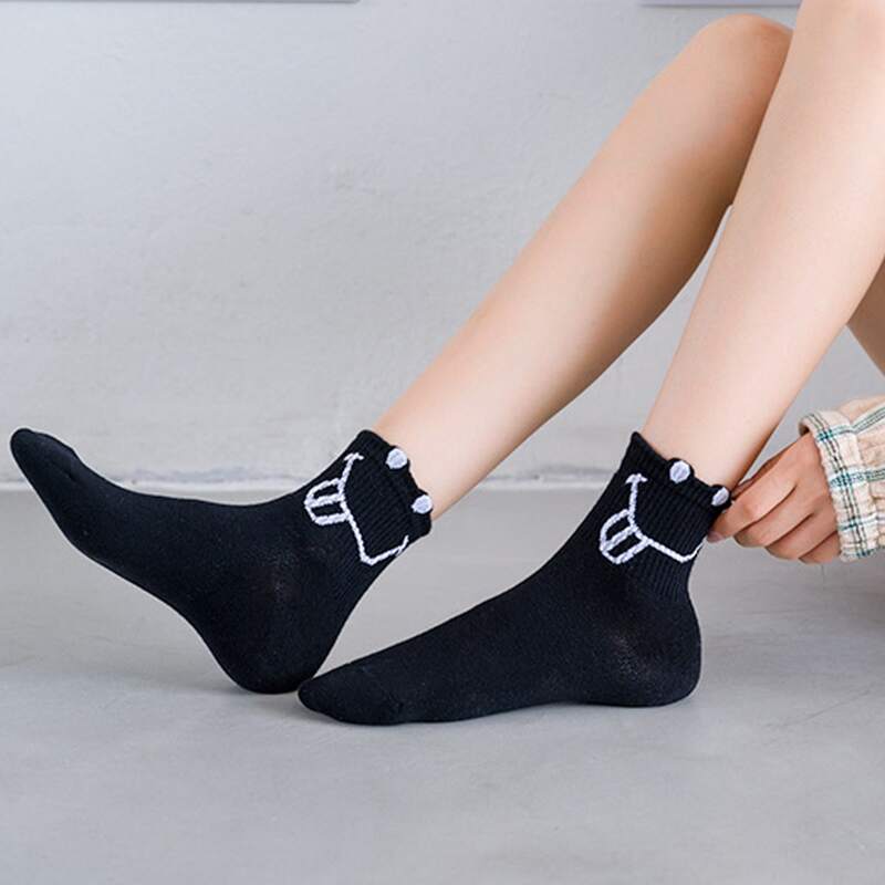 

1pair Cartoon Face Socks, Black