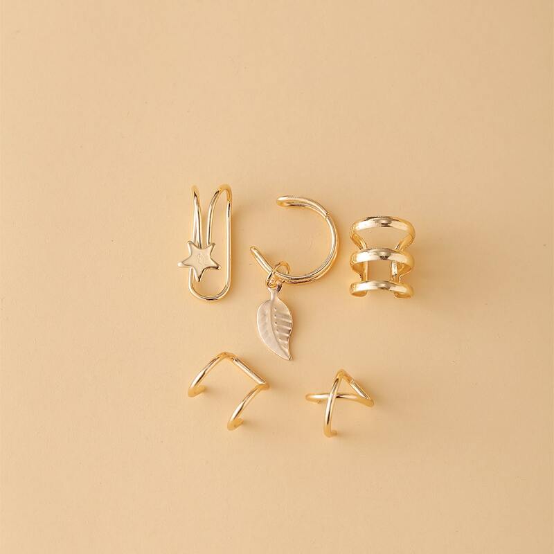 

5pcs Star & Leaf Decor Ear Cuff, Gold