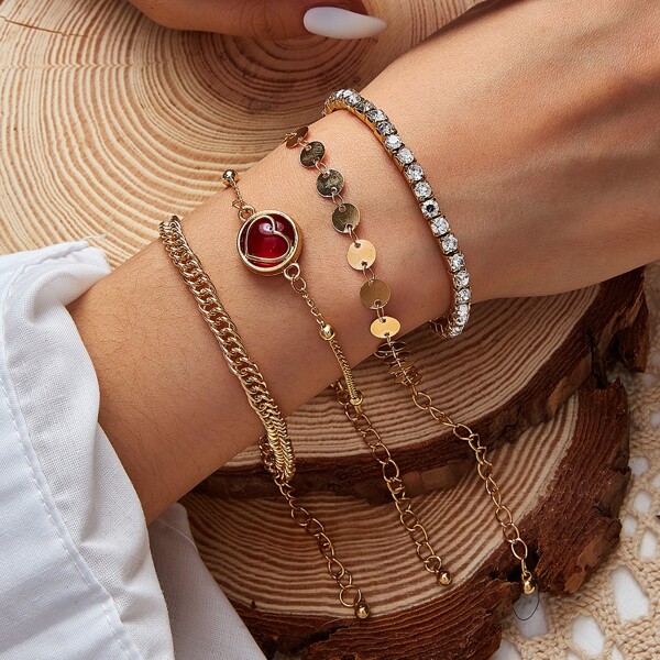 

4pcs Disc & Rhinestone Decor Bracelet, Gold