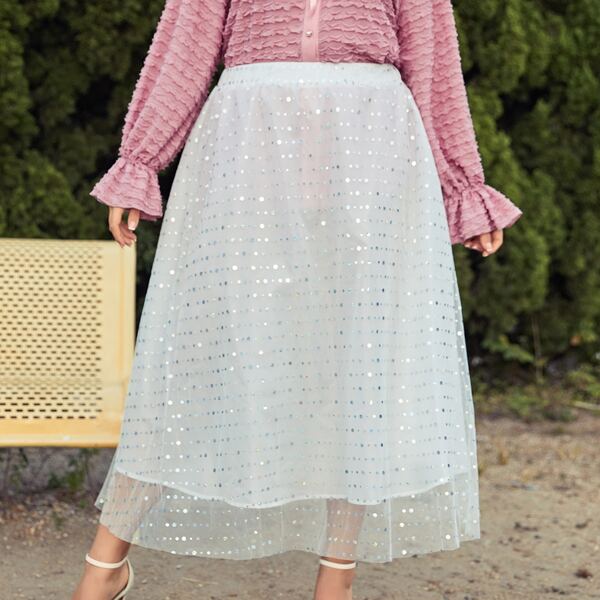 

Plus Elastic Waist Sequin Detail Mesh Flare Skirt, White