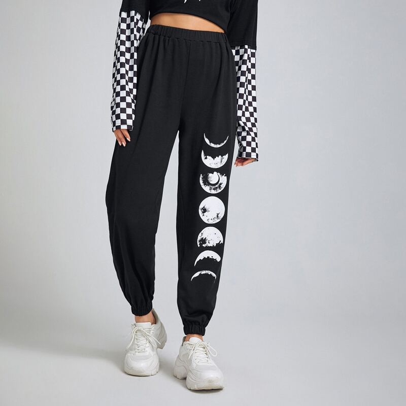 

Moon Graphic High Waist Joggers, Black
