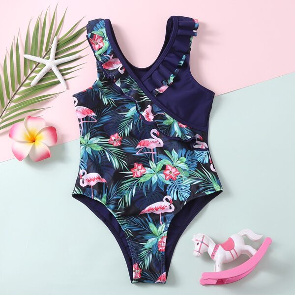 

Girls Tropical & Flamingo Print One Piece Swimsuit, Navy blue