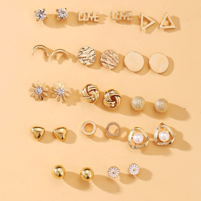 

14pairs Geo Shaped Stud Earrings, Gold