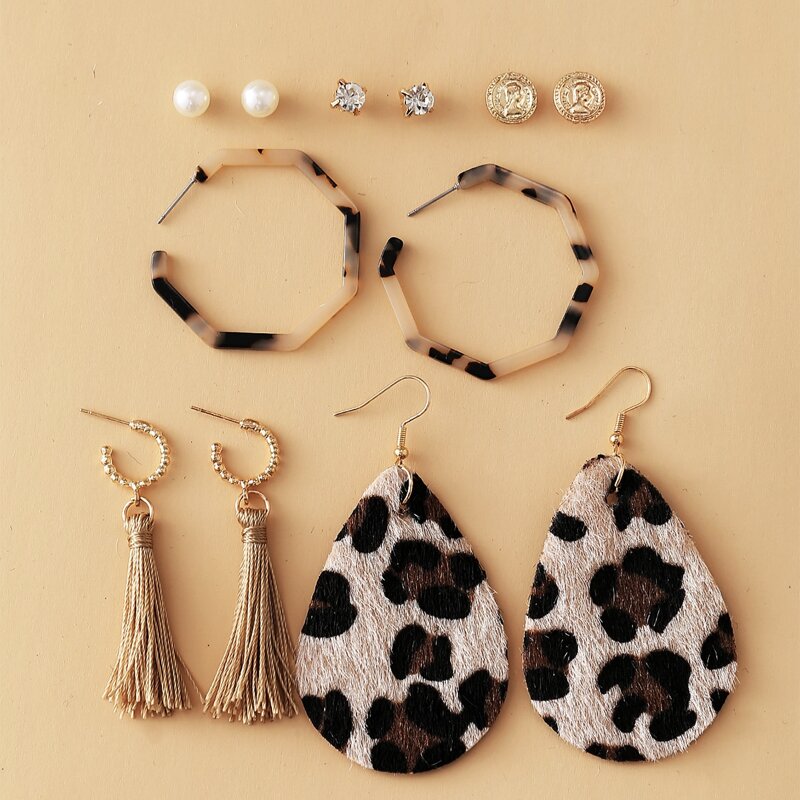 

6pairs Leopard & Coin Design Earrings, Gold