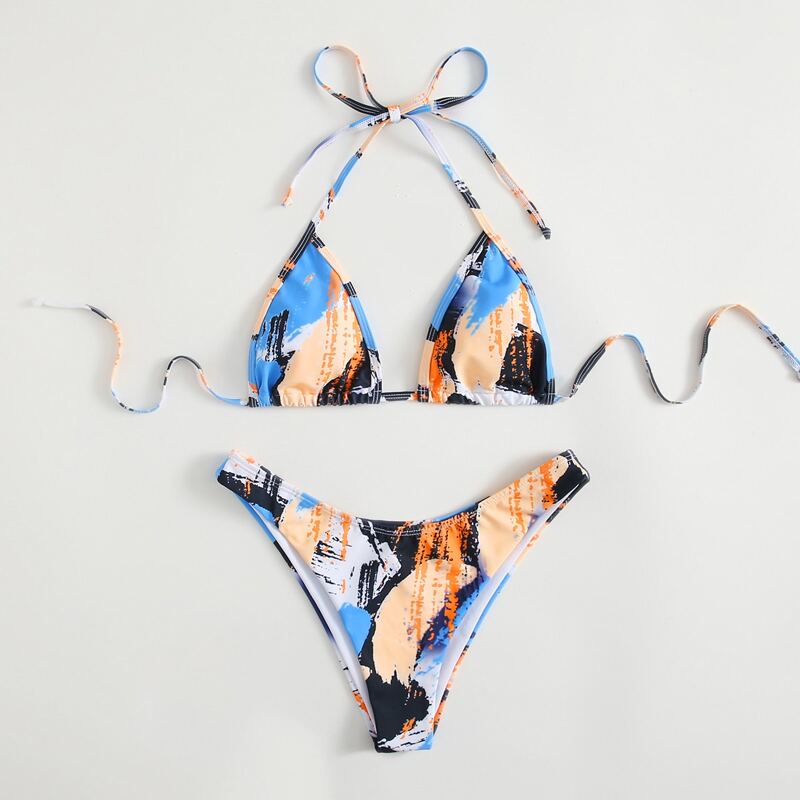 

Allover Graphic Triangle Halter Bikini Swimsuit, Multicolor
