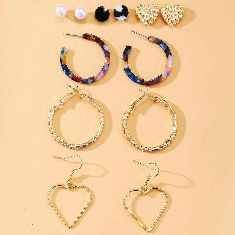 

6pairs Tortoiseshell & Heart Design Earrings, Gold