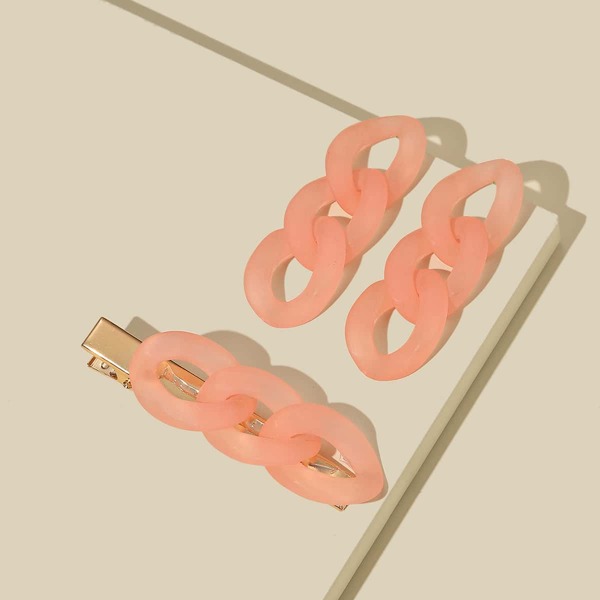 

1pair Chain Link Earrings & 1pc Hair Clip, Pink