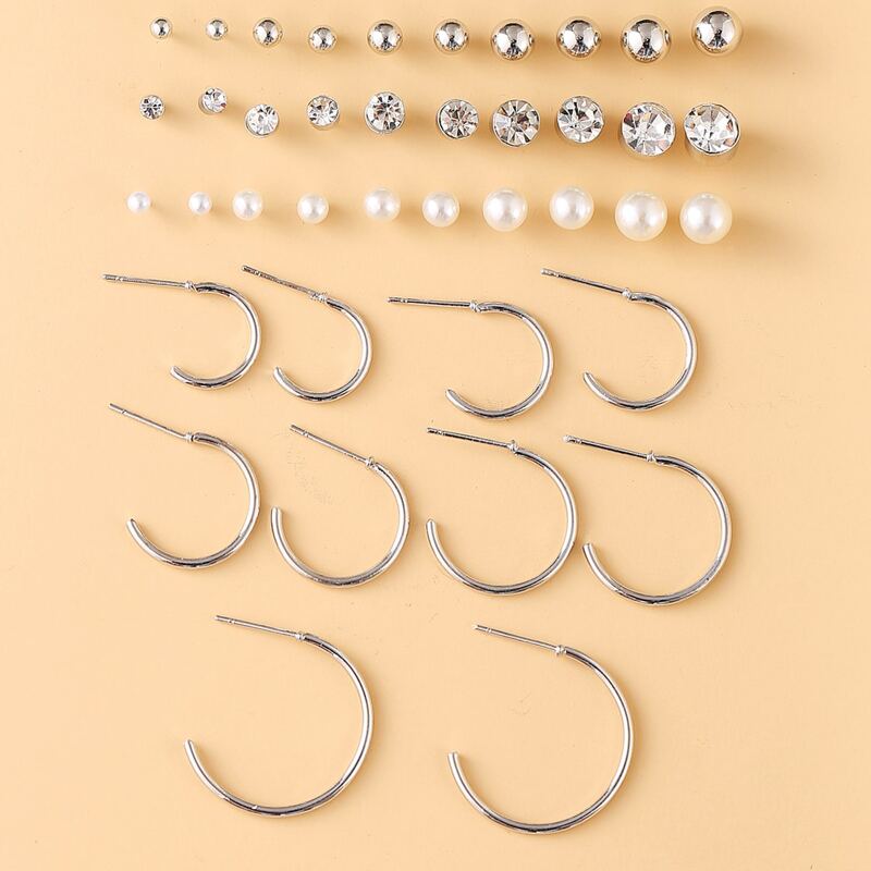 

20pairs Rhinestone & Faux Pearl Earrings, Silver