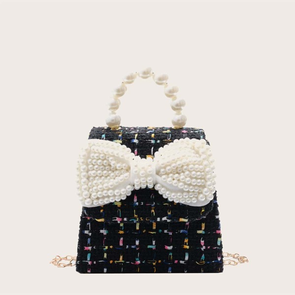 

Girls Faux Pearl Beaded Flap Satchel Bag, Black