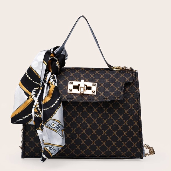

Random Twilly Scarf Decor Satchel Bag, Black