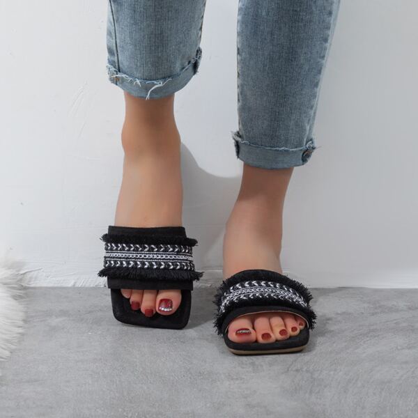

Fringe Decor Suede Slide Sandals, Black