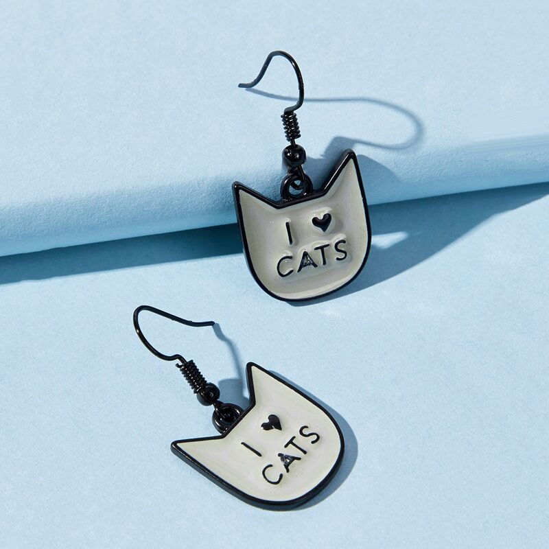 

Cat Design Drop Earrings, Black