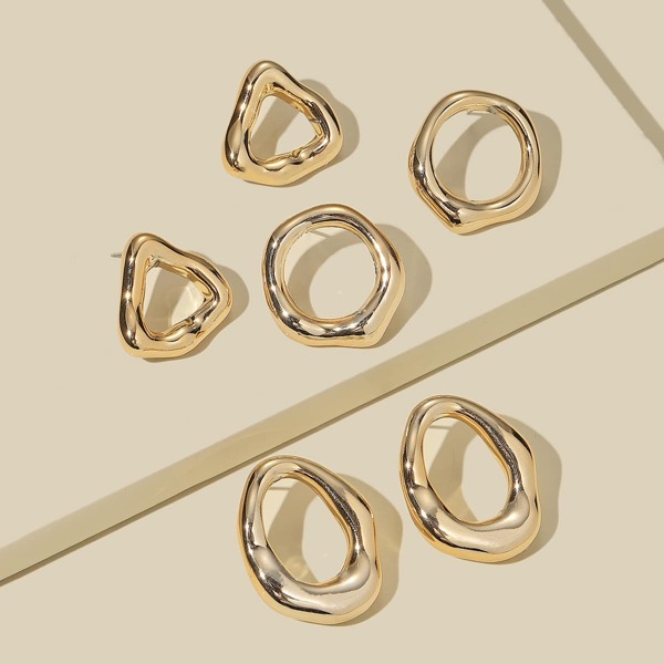 

3pairs Irregular Geo Earrings, Gold