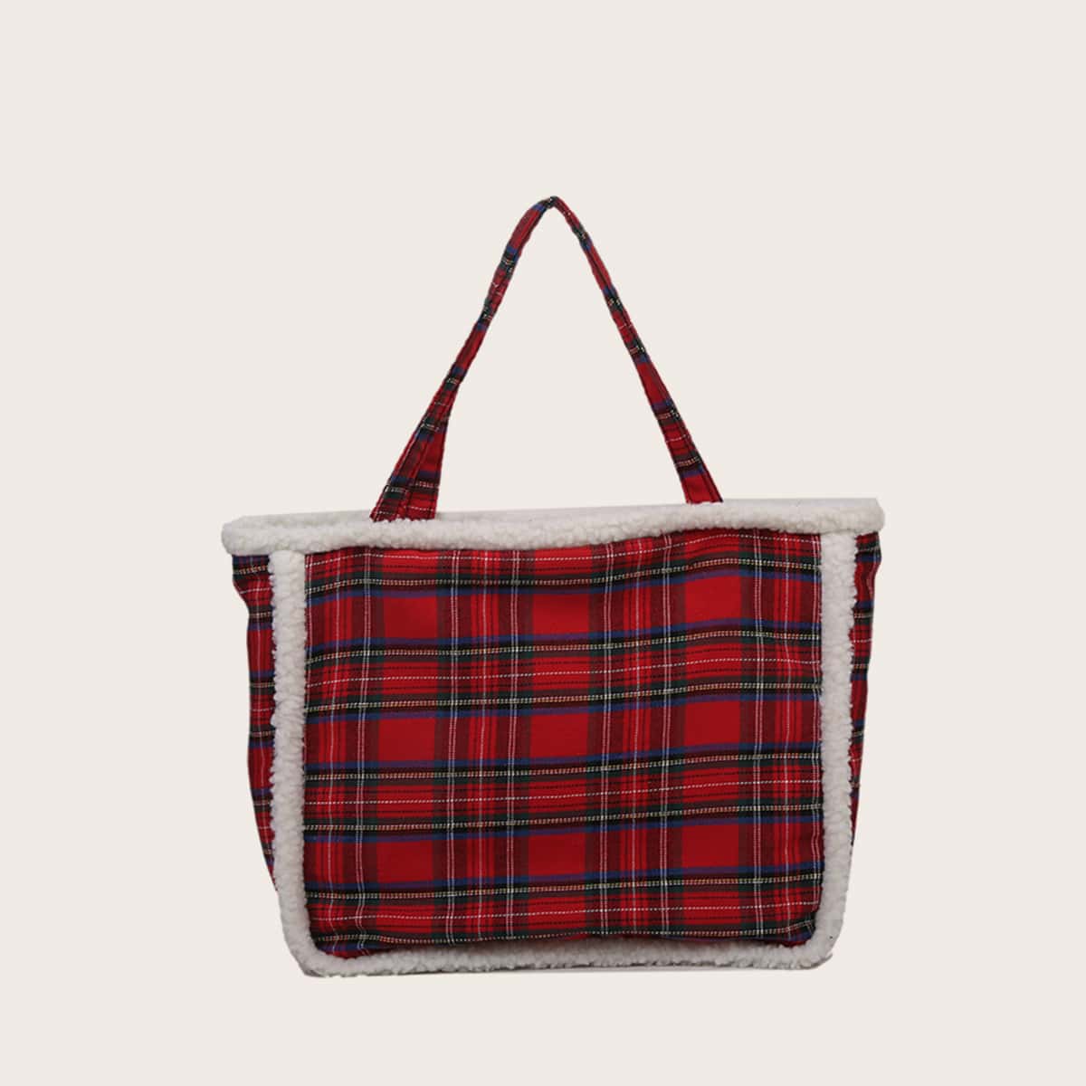 

Tartan Fluffy Trim Tote Bag, Red