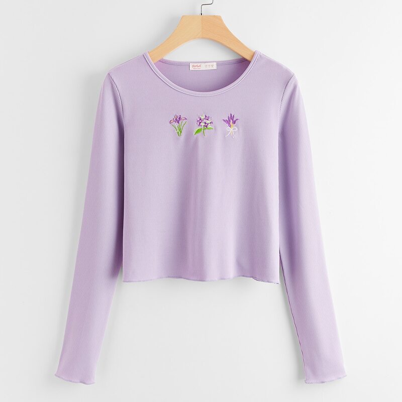 

Floral Embroidery Ribbed Tee, Lilac purple