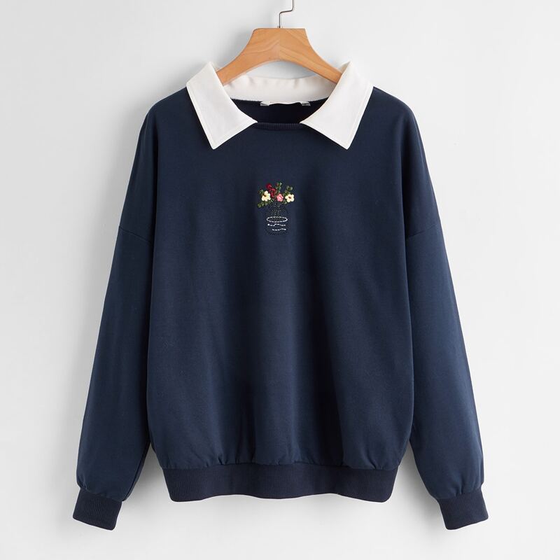 

Contrast Collar Floral Embroidery Sweatshirt, Navy blue
