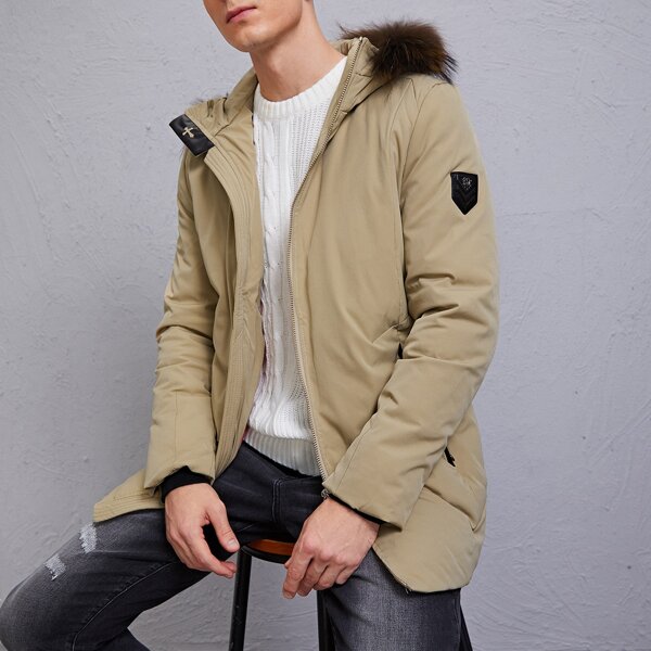 

Men Fuzzy Hooded Patched Down Coat, Khaki