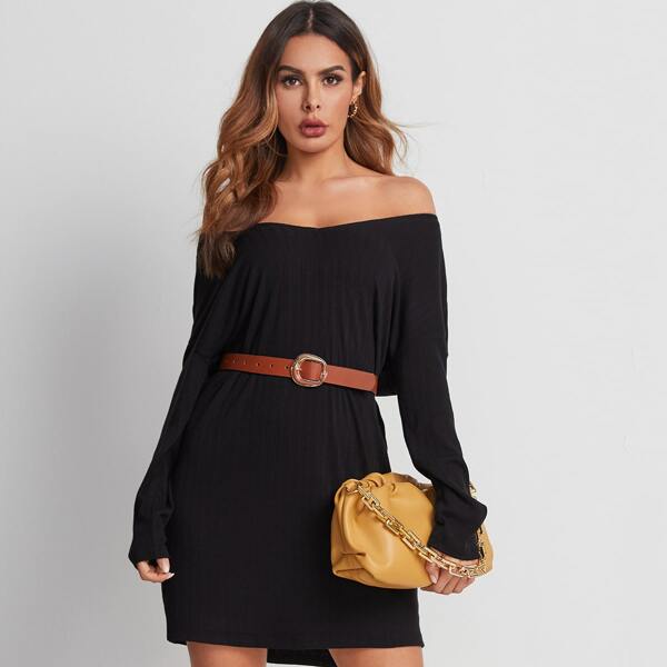 

Off Shoulder Rib-knit Dress Without Belt, Black