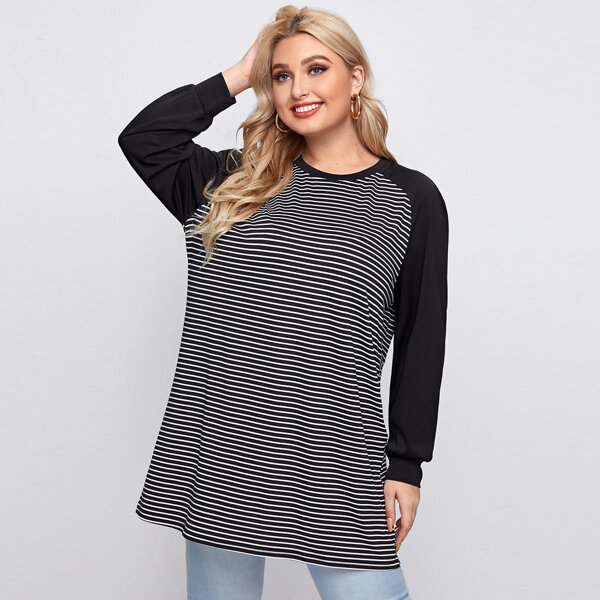 

Plus Raglan Sleeve Striped Longline Tee, Black and white